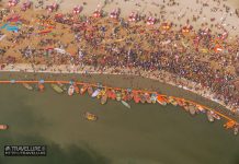 Kumbh Mela India – World’s Largest Gathering Multitude at Kumbh for a holy dip - shot from helicopter - Kumbh Mela India - World's Largest Gathering - Travelure ©