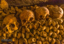 The Catacombs Paris France Skulls break the monotony of a tibiae wall at the Catacombs Paris France - Travelure ©
