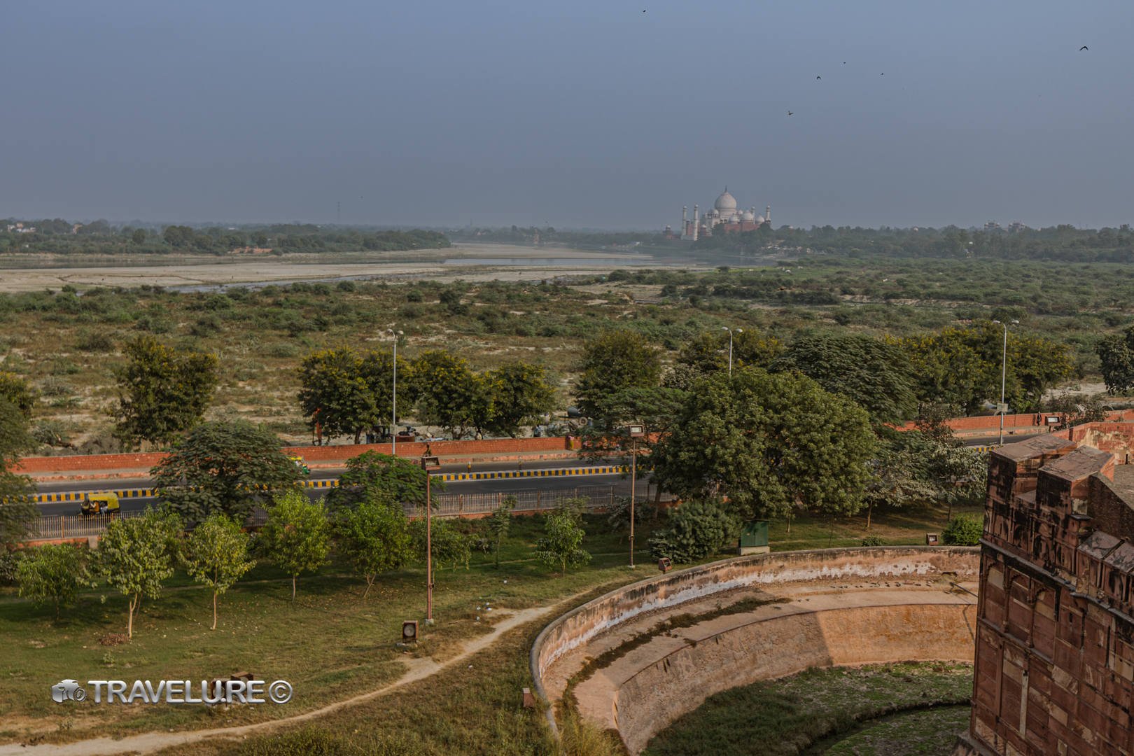 View of the Taj Mahal across the Yamuna River from the ramparts of Agra Fort, Uttar Pradesh — the same view Shah Jahan had from his imprisonment.